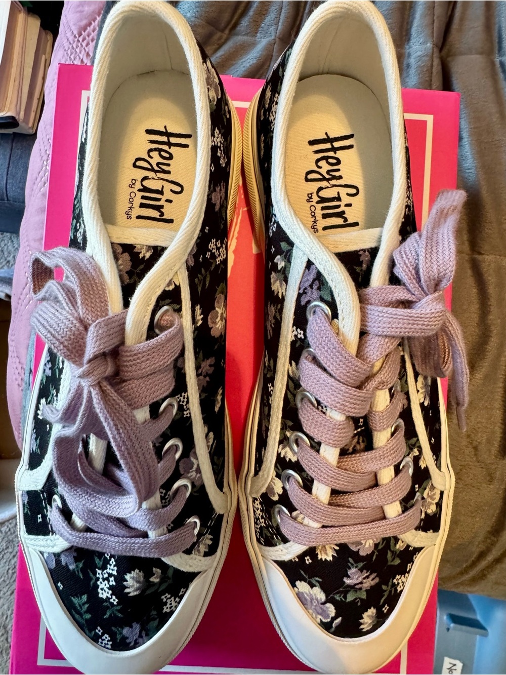 Corky’s Floral Lace-Up Sneakers in Black and Lavender